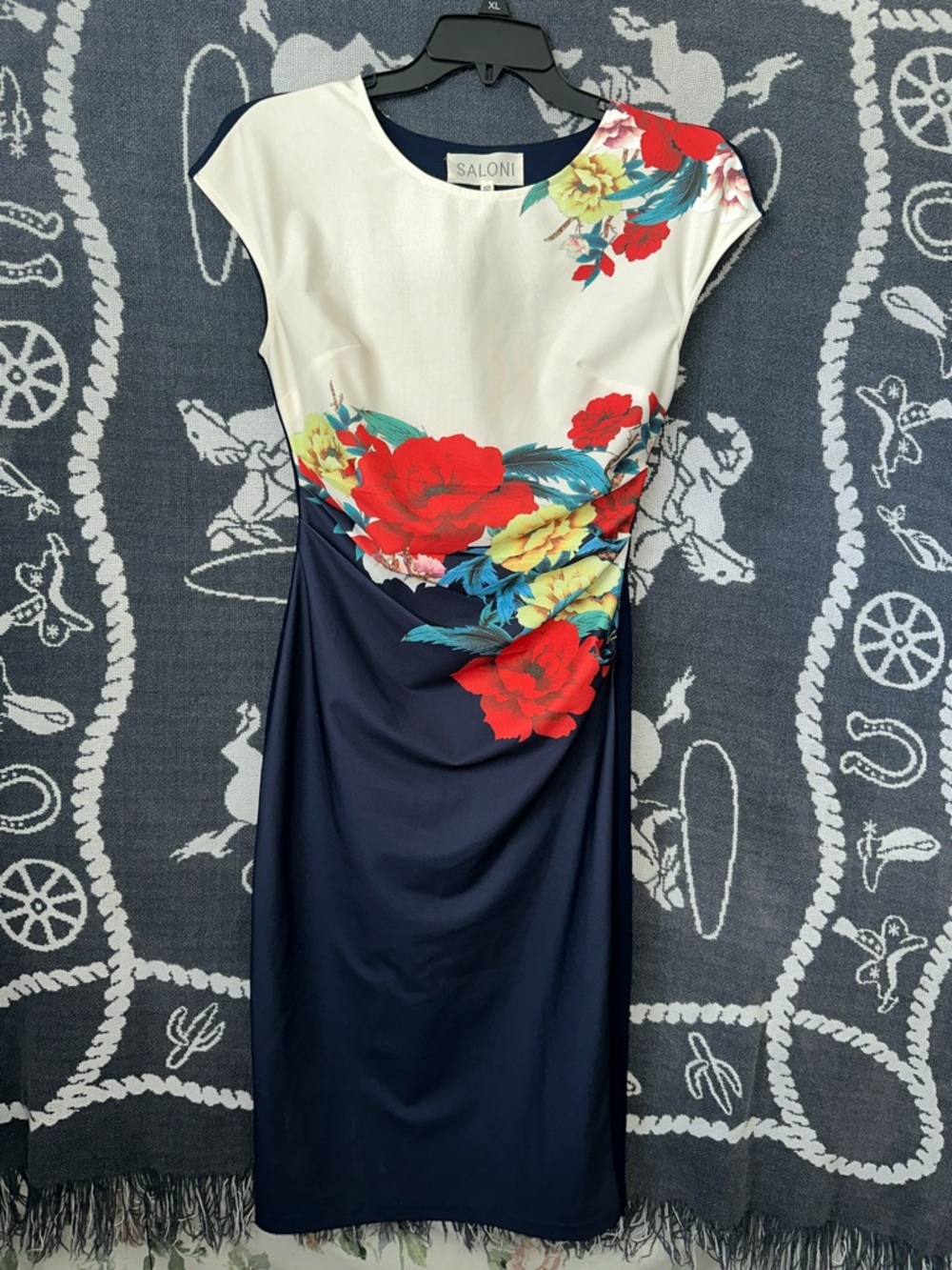 SALONI Navy, White & Red Floral Midi Dress